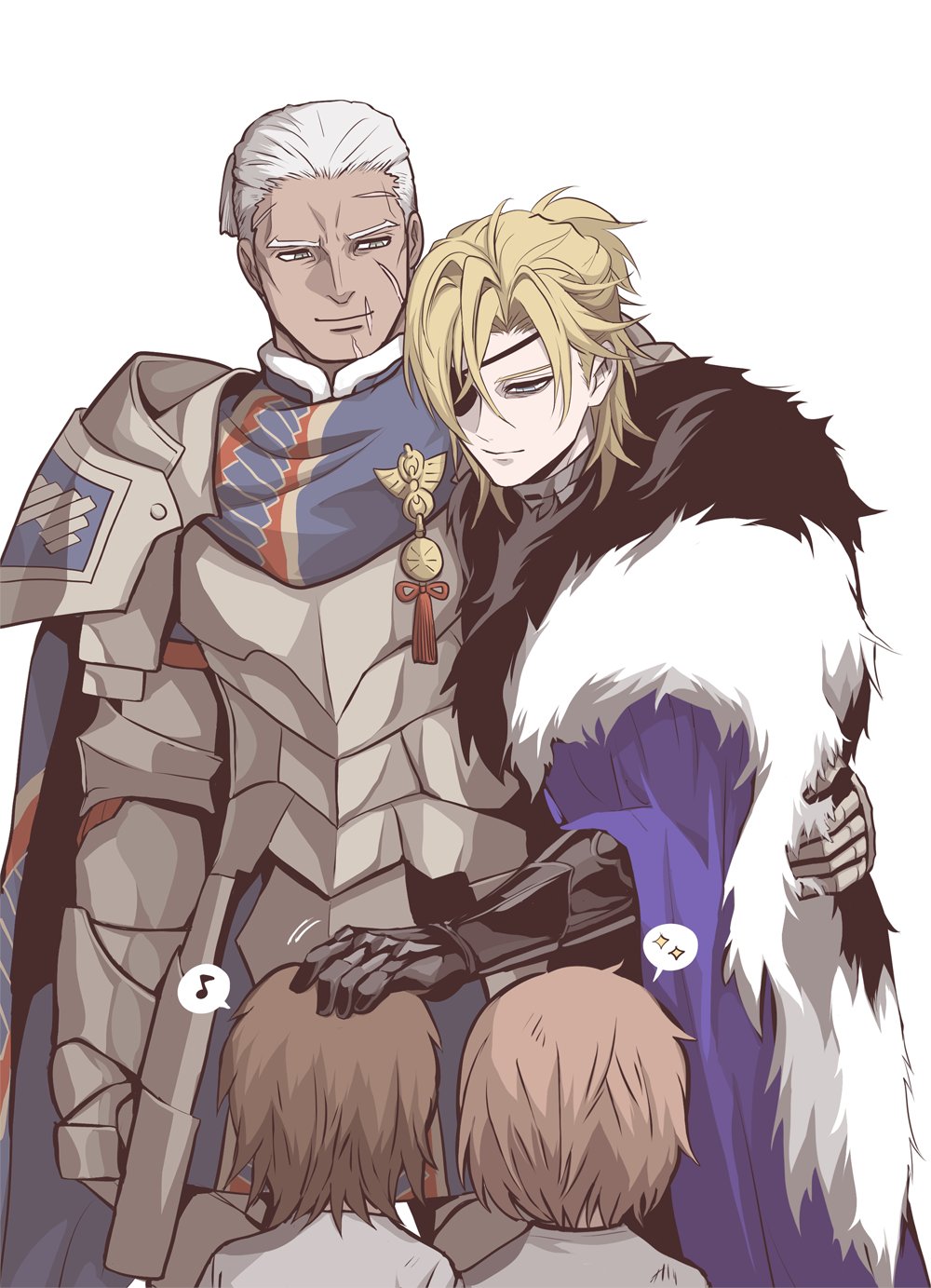 2boys, arm_around_waist, armor, black_fur, blonde_hair, blue_cape, blue_eyes, blue_scarf, breastplate, brown_hair, cape, child, closed_mouth, commentary_request, curtained_hair, dark-skinned_male, dark_skin, dedue_molinaro, dedue_molinaro_(post_timeskip), dimitri_alexandre_blaiddyd, dimitri_alexandre_blaiddyd_(post_timeskip), eyepatch, fire_emblem, fire_emblem:_three_houses, gauntlets, hand_on_another's_head, headpat, highres, looking_at_another, male_focus, megubiru, multiple_boys, multiple_scars, musical_note, one_eye_covered, patterned_clothing, pauldrons, ponytail, scar, scar_on_cheek, scar_on_face, scar_on_forehead, scar_on_mouth, scarf, shirt, short_ponytail, shoulder_armor, simple_background, smile, speech_bubble, spoken_musical_note, white_background, white_fur, white_hair, white_shirt