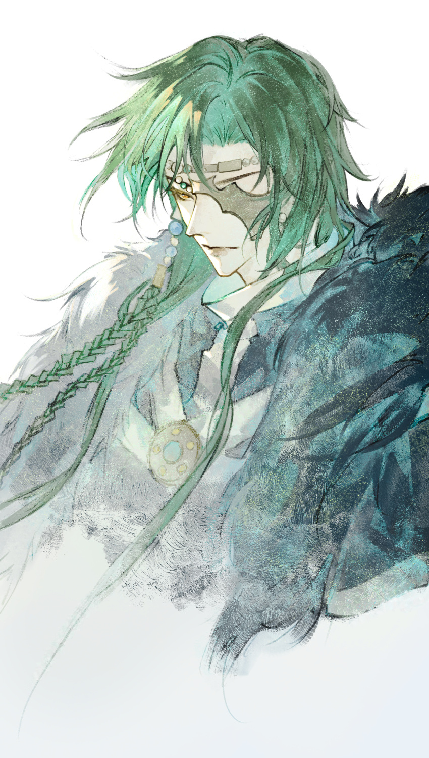 1boy, absurdres, asymmetrical_bangs, beads, black_cloak, braid, chinese_clothes, circlet