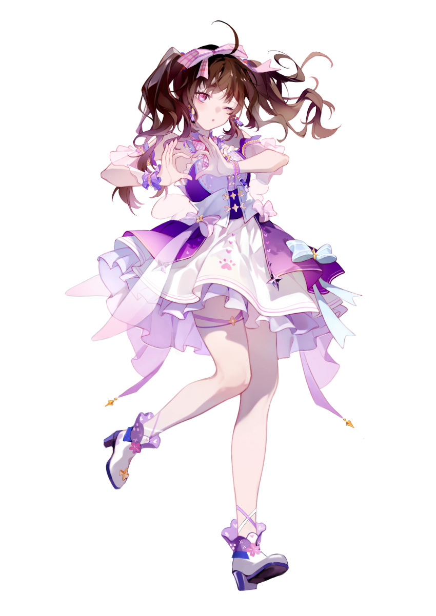 1girl, ;o, absurdres, ahoge, ankle_boots, ankle_ribbon, bare_legs, blue_bow, boots, bow, bowtie, bracelet, brown_hair, corset, detached_sleeves, dress, dress_bow, earrings, eoe, floating_hair, frilled_dress, frills, full_body, hair_bow, hands_up, heart, heart_hands, high_heels, highres, idol, idol_clothes, jewelry, layered_dress, leg_ribbon, leg_up, long_hair, looking_at_viewer, official_art, one_eye_closed, paw_print, phillanelle, pink_bow, pink_bowtie, pink_eyes, print_dress, purple_dress, purple_wrist_cuffs, ribbon, see-through_clothes, see-through_sleeves, short_dress, short_sleeves, single_wrist_cuff, sleeveless, sleeveless_dress, solo, standing, standing_on_one_leg, tachi-e, thigh_strap, transparent_background, twintails, two-tone_dress, virtual_youtuber, wan'er_(eoe), white_boots, white_corset, white_dress, wrist_cuffs