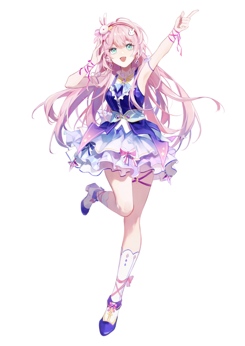 1girl, :d, absurdres, ankle_boots, arm_up, armpits, bare_shoulders, blue_boots, blue_bow, blue_bowtie, blue_shirt, boots, bow, bow_skirt, bowtie, collar, earrings, eoe, floating_hair, fold-over_boots, frilled_collar, frills, full_body, green_eyes, hair_ornament, hand_on_own_head, hands_up, headband, heart, heart_earrings, high_heels, highres, idol, idol_clothes, index_finger_raised, jewelry, kneehighs, layered_skirt, leg_ribbon, leg_up, long_hair, looking_at_viewer, luzao_(eoe), miniskirt, official_art, phillanelle, pink_bow, pink_hair, pink_ribbon, rabbit_hair_ornament, red_headband, ribbon, shirt, skirt, sleeveless, sleeveless_shirt, smile, socks, solo, standing, standing_on_one_leg, tachi-e, thigh_strap, transparent_background, very_long_hair, virtual_youtuber, white_skirt, white_socks, wrist_ribbon
