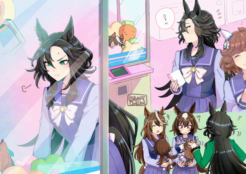!, +++, 4girls, animal_ears, black_hair, breasts, brown_hair, character_doll