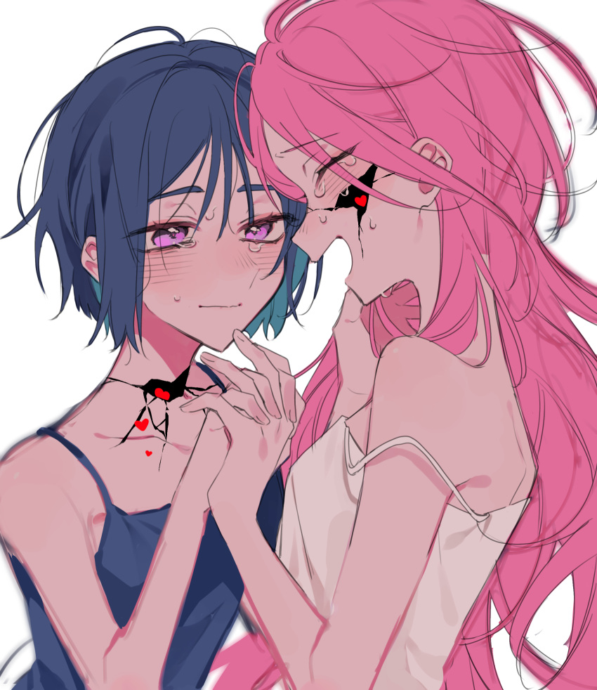 2girls, alien_stage, black_hair, black_tank_top, bob_cut, closed_eyes, closed_mouth, commentary_request