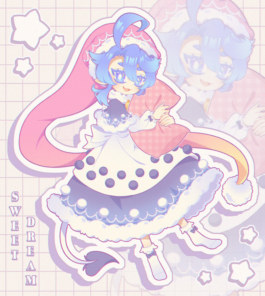 1girl, ahoge, bad_link, blue_eyes, blue_hair, blush, bow, doremy_sweet