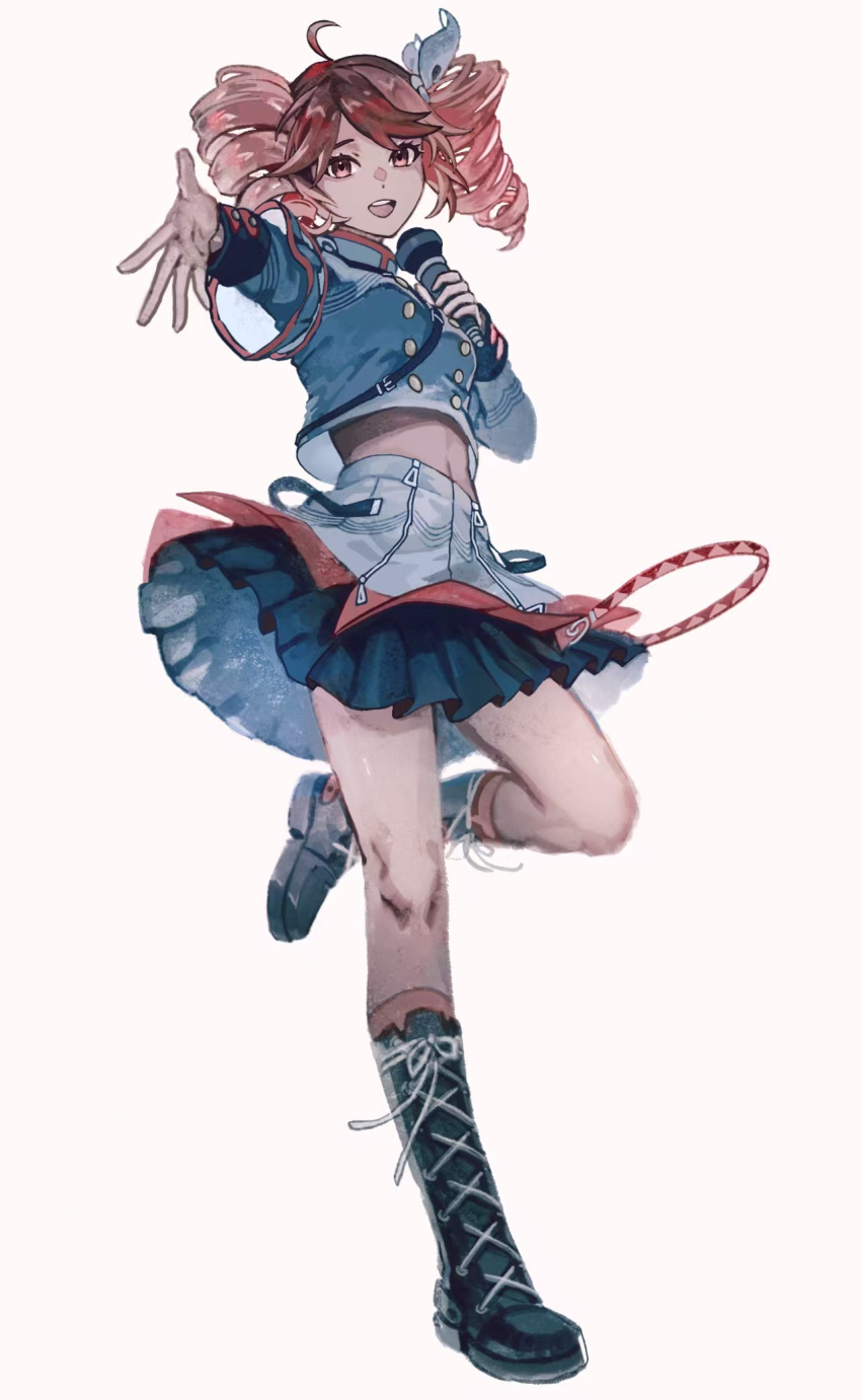ahoge, belt, black_belt, black_boots, black_skirt, black_sleeve_cuffs, boots, bow, breasts, buttons, double-breasted, drill_hair, grey_jacket, grey_skirt, hair_between_eyes, hair_bow, hair_ribbon, highres, holding, holding_microphone, jacket, kasane_teto, kasane_teto_(sv), kneehighs, lace-up_boots, layered_skirt, layered_sleeves, linden_bd, long_sleeves, medium_breasts, microphone, midriff_peek, musical_staff, navel, open_mouth, outstretched_arm, reaching, reaching_towards_viewer, red_belt, red_eyes, red_skirt, red_socks, red_trim, ribbon, shoulder_belt, simple_background, skirt, skirt_set, socks, standing, standing_on_one_leg, striped_clothes, striped_jacket, striped_skirt, synthesizer_v, teeth, twin_drills, twintails, upper_teeth_only, utau, white_background, white_bow, white_ribbon