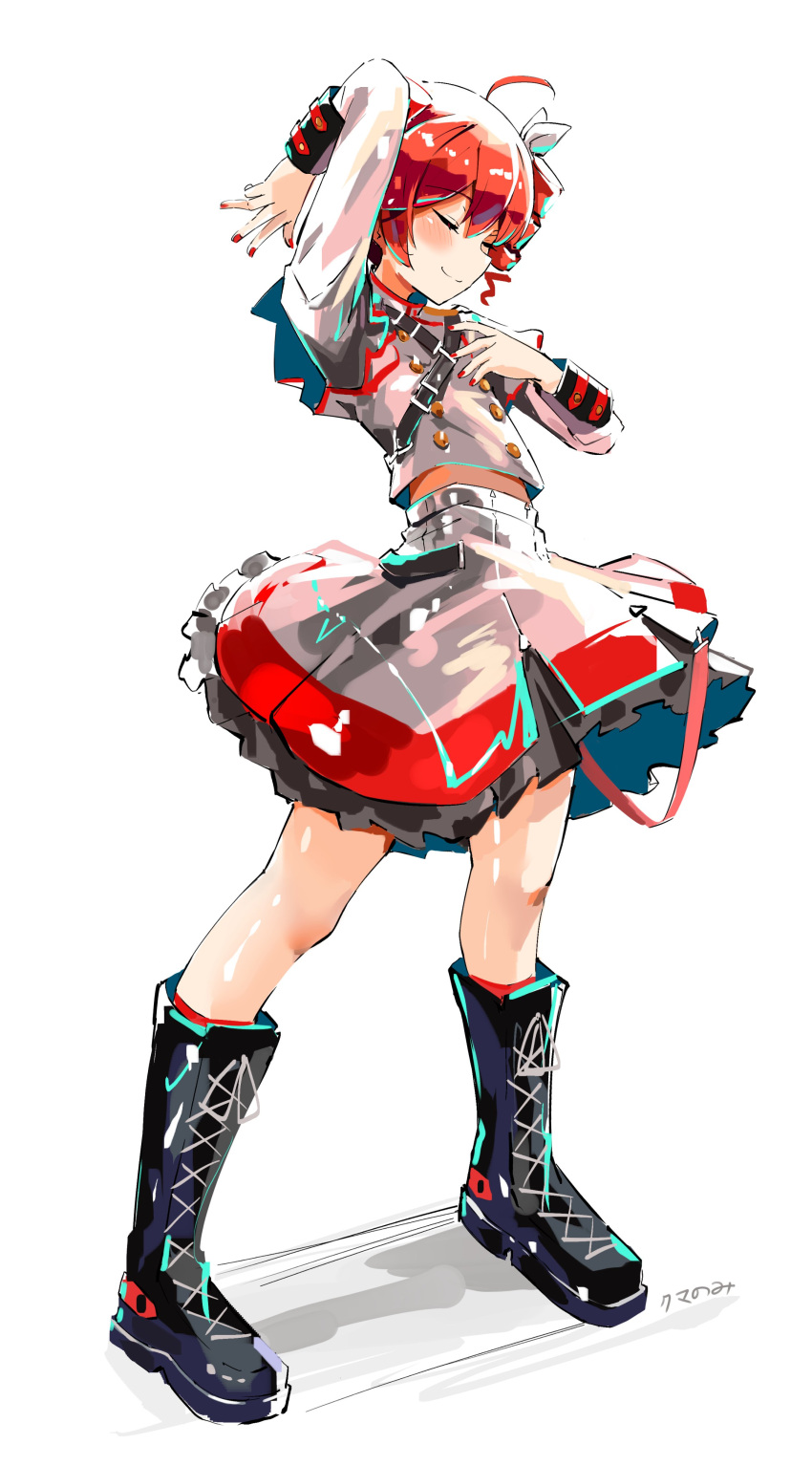 1girl, absurdres, ahoge, arm_up, belt, black_belt, black_boots, black_skirt
