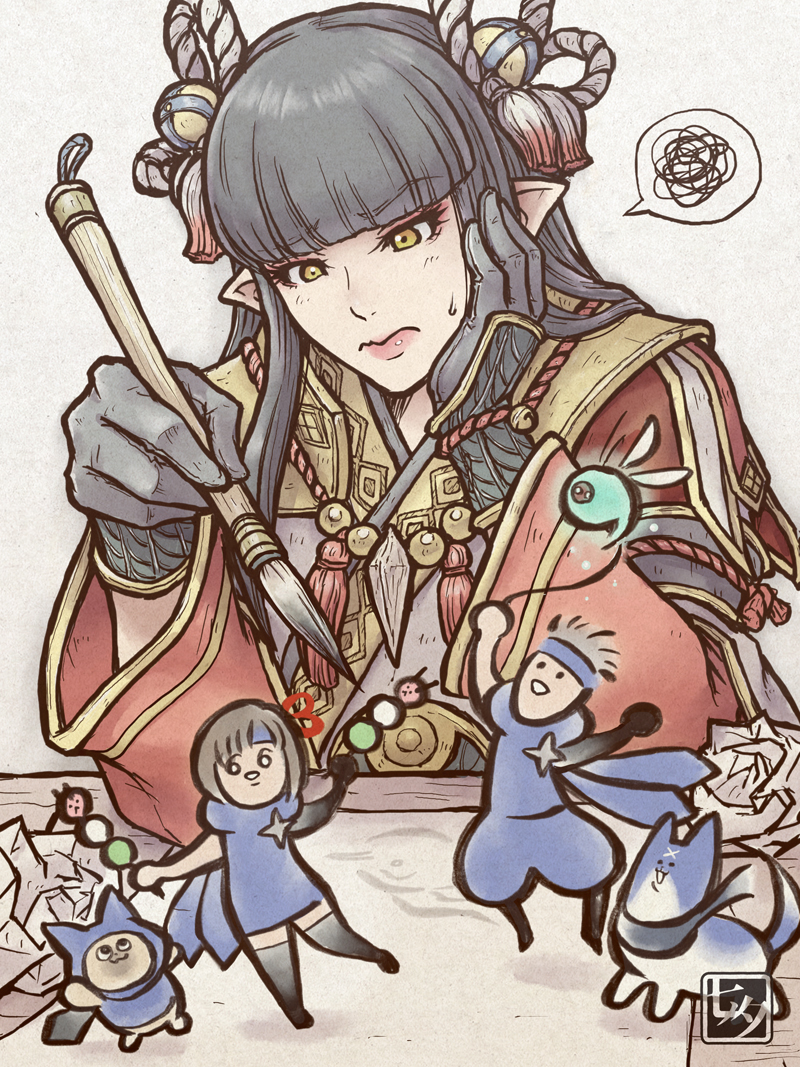 1girl, black_hair, blunt_bangs, calligraphy_brush, canyne, closed_mouth, crumpled_paper, dango, eyelashes, felyne, fewer_digits, food, frown, hair_ornament, hand_on_own_face, holding, holding_calligraphy_brush, holding_paintbrush, kamura_(armor), kit_t., lance_gunn, long_hair, long_sleeves, minoto, monster_hunter_(series), monster_hunter_rise, paintbrush, paper, pink_lips, pointy_ears, pup_r., ran_page, sanshoku_dango, speech_bubble, spoken_squiggle, squiggle, tanabanata, tassel, wagashi, yellow_eyes