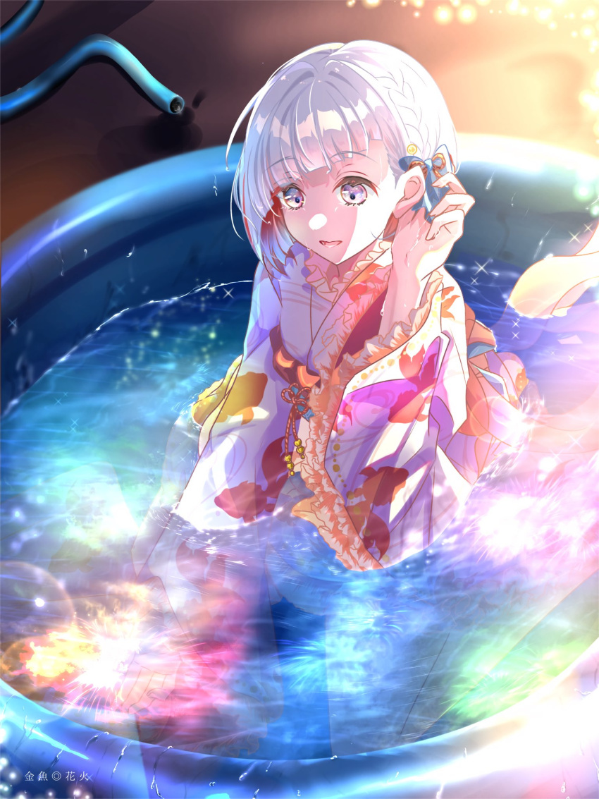 1girl, blue_bow, bob_cut, bow, braid, colored_inner_hair, commentary_request, diagonal_bangs