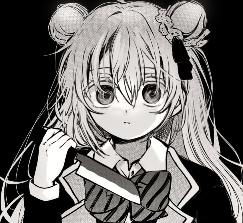 1girl, blazer, bow, bowtie, double_bun, empty_eyes, greyscale, hair_bun