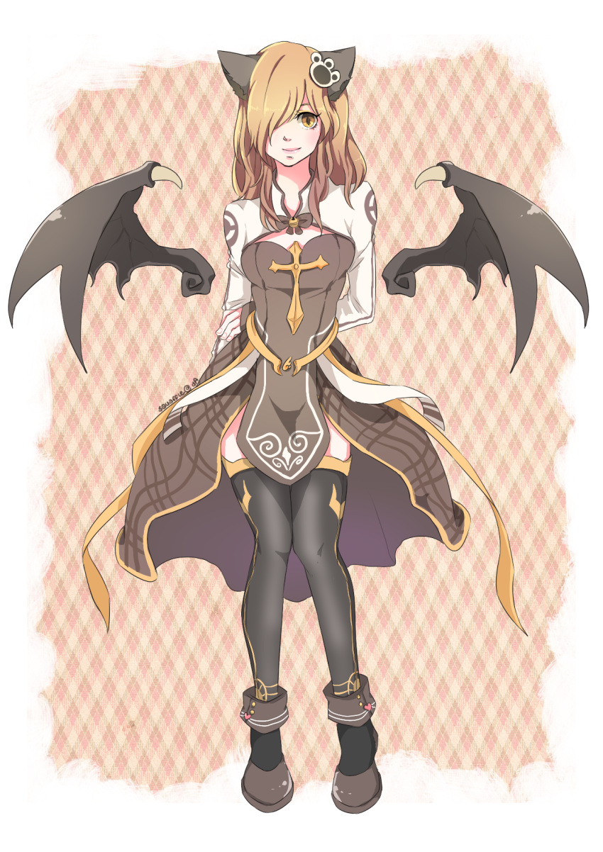 1girl, animal_ears, arch_bishop_(ragnarok_online), arms_behind_back, black_thighhighs, black_wings, breasts, brown_background