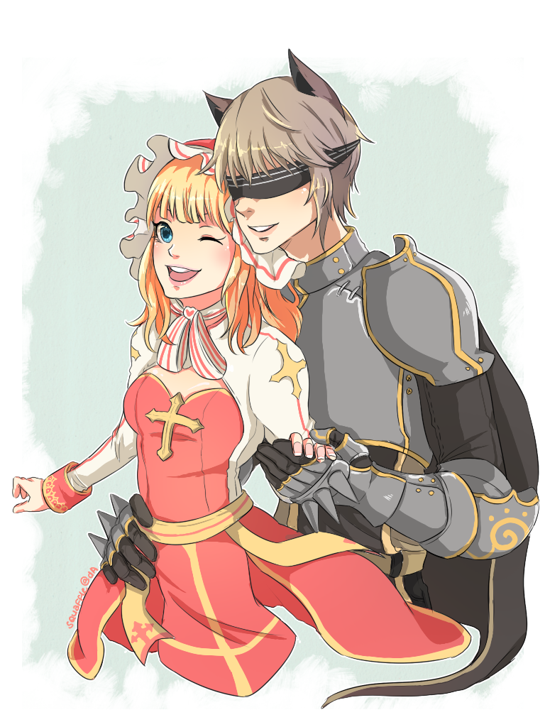 1boy, 1girl, animal_ears, arch_bishop_(ragnarok_online), armor, black_cape, blindfold, blonde_hair