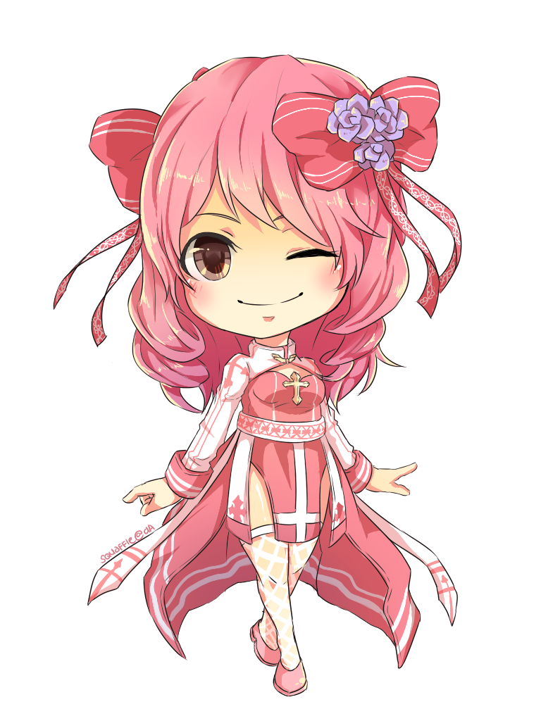 1girl, arch_bishop_(ragnarok_online), blush, bow, breasts, brown_eyes, chibi, chibi_only