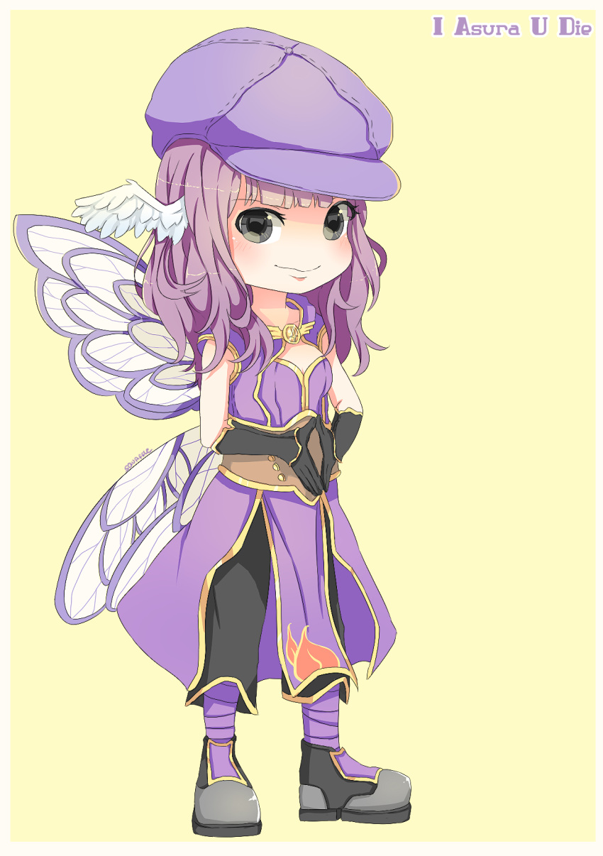 1girl, alternate_color, black_boots, black_gloves, black_pants, blunt_bangs, blush, boots, border, breasts, butterfly_wings, cabbie_hat, champion_(ragnarok_online), closed_mouth, coat, commentary, english_commentary, feathered_wings, full_body, gloves, gold_trim, grey_border, grey_eyes, hat, head_wings, highres, insect_wings, long_hair, looking_at_viewer, open_clothes, open_coat, own_hands_together, pants, purple_hair, purple_hat, ragnarok_online, simple_background, sleeveless, sleeveless_coat, small_breasts, smile, solo, squaffle1, standing, white_wings, wings, yellow_background