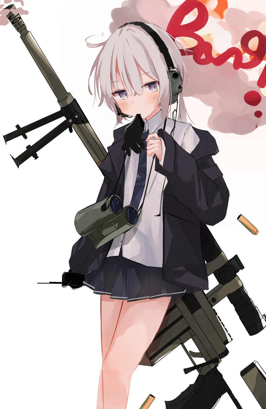 1girl, absurdres, binoculars, black_gloves, black_jacket, black_skirt, blue_necktie, bolt_action