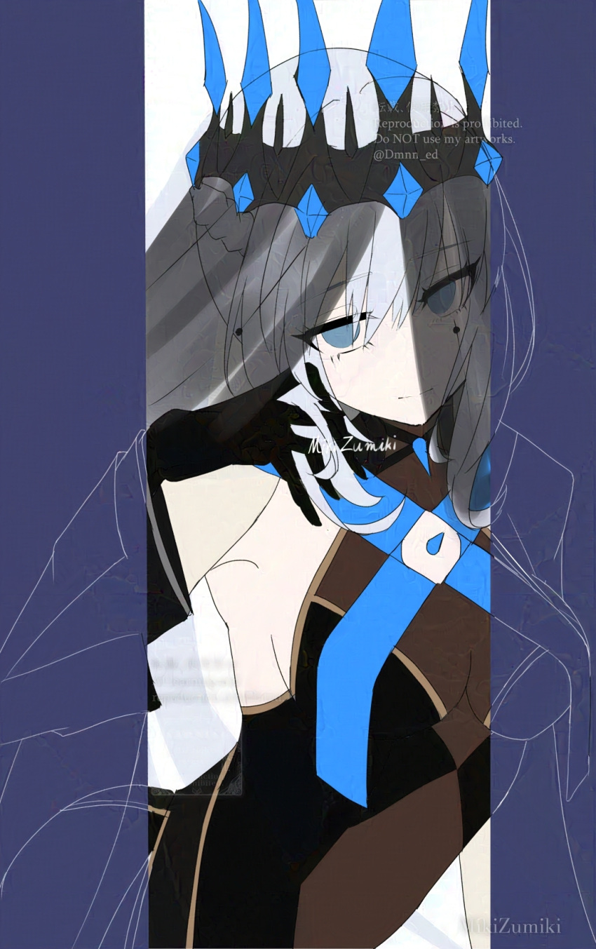 1girl, black_bow, black_gloves, black_veil, blue_eyes, bow, breasts, crown