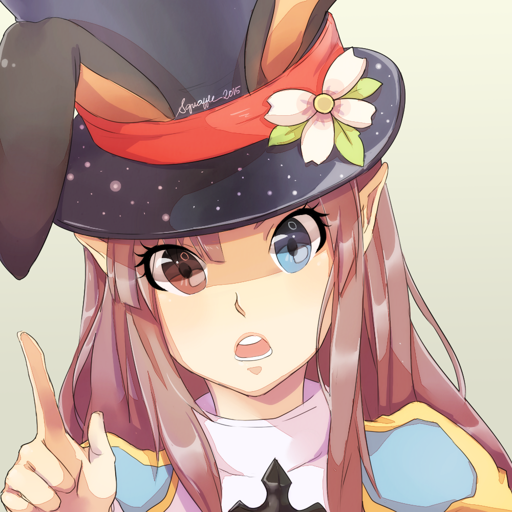 1girl, animal_ear_headwear, animal_ears, black_hat, blue_dress, blue_eyes, blush, brown_eyes