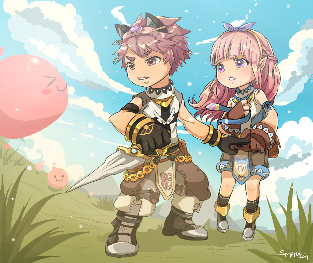 1boy, 1girl, 2014, :3, animal_ears, black_gloves, blue_shirt, blue_sky