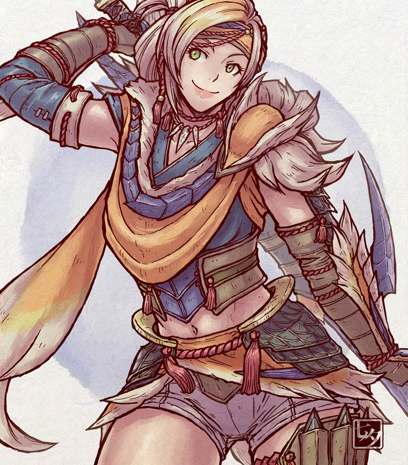 1girl, blonde_hair, breasts, closed_mouth, collarbone, cowboy_shot, eyelashes, green_eyes, headband, holding, holding_sword, holding_weapon, izuchi_(armor), jewelry, legs_apart, medium_breasts, monster_hunter_(character), monster_hunter_(series), navel, necklace, orange_headband, short_hair, shorts, sideways_glance, smile, solo, split_mouth, standing, sword, tanabanata, tassel, tooth_necklace, weapon, white_shorts