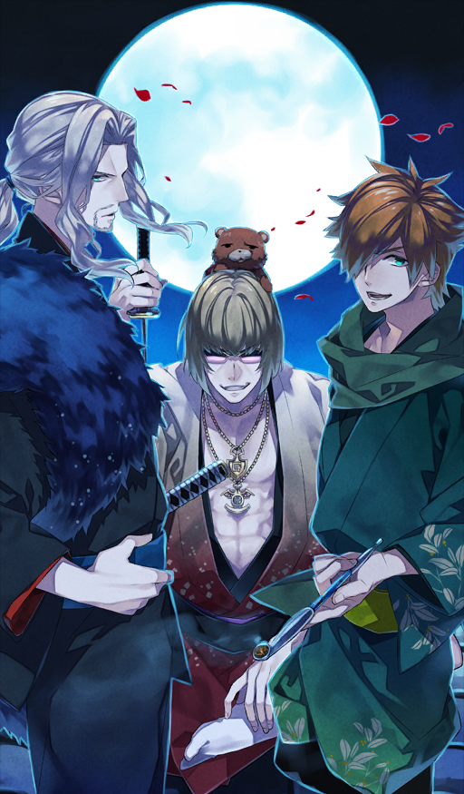 3boys, abs, beard, black_kimono, blonde_hair, blue_eyes, blue_sash, bob_cut, cowboy_shot, curtained_hair, facial_hair, fate/grand_order, fate_(series), full_moon, goatee, gold_necklace, green_kimono, green_sash, green_scarf, holding, holding_smoking_pipe, holding_sword, holding_weapon, japanese_clothes, jewelry, katana, kimono, long_hair, low_ponytail, male_focus, moon, multiple_boys, necklace, night, night_sky, on_head, one_eye_covered, open_clothes, open_kimono, orange_hair, orion_(bear)_(fate), pectorals, petals, ponytail, purple-tinted_eyewear, red_kimono, robin_hood_(beasts_under_the_moon)_(fate), robin_hood_(fate), sakata_kintoki_(beasts_under_the_moon)_(fate), sakata_kintoki_(fate), sash, scarf, sheath, short_hair, sidelocks, sky, smoking_pipe, stuffed_animal, stuffed_toy, sunglasses, sword, teddy_bear, teita_(88_taho), tinted_eyewear, vlad_iii_(beasts_under_the_moon)_(fate), vlad_iii_(fate/apocrypha), weapon