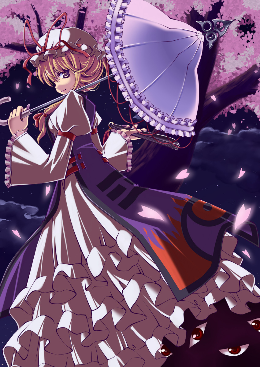 bad_id, blonde_hair, cherry_blossoms, dress, gap, hair_ribbon, hat, highres