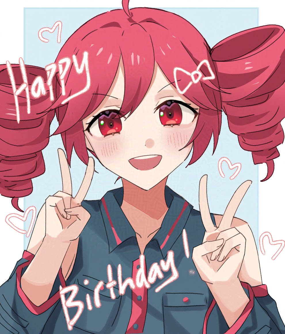 1girl, ahoge, bare_shoulders, black_shirt, black_sleeves, blue_background, blush, border, breast_pocket, buttons, collared_shirt, detached_sleeves, double_v, drill_hair, fingernails, hair_between_eyes, hands_up, icy_asairi, kasane_teto, open_mouth, outside_border, pocket, red_eyes, shirt, sleeveless, sleeveless_shirt, solo, teeth, twin_drills, twintails, upper_teeth_only, utau, v, white_border, wing_collar