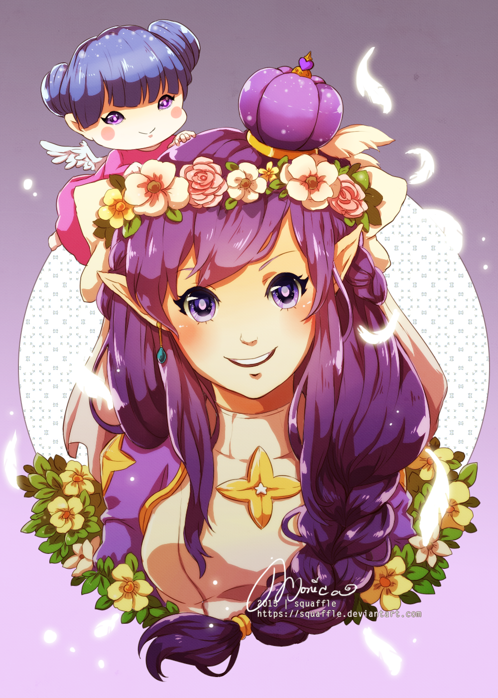 2015, 2girls, alternate_color, blue_hair, blush, breasts, commentary, dress, english_commentary, feathers, flower, hair_bun, hair_flower, hair_ornament, hiden_zero-two_driver, high_priest_(ragnarok_online), highres, lady_solace, long_hair, looking_at_viewer, medium_breasts, multiple_girls, open_mouth, pointy_ears, purple_background, purple_dress, purple_hair, ragnarok_online, smile, squaffle1, upper_body, violet_eyes, white_dress, white_flower