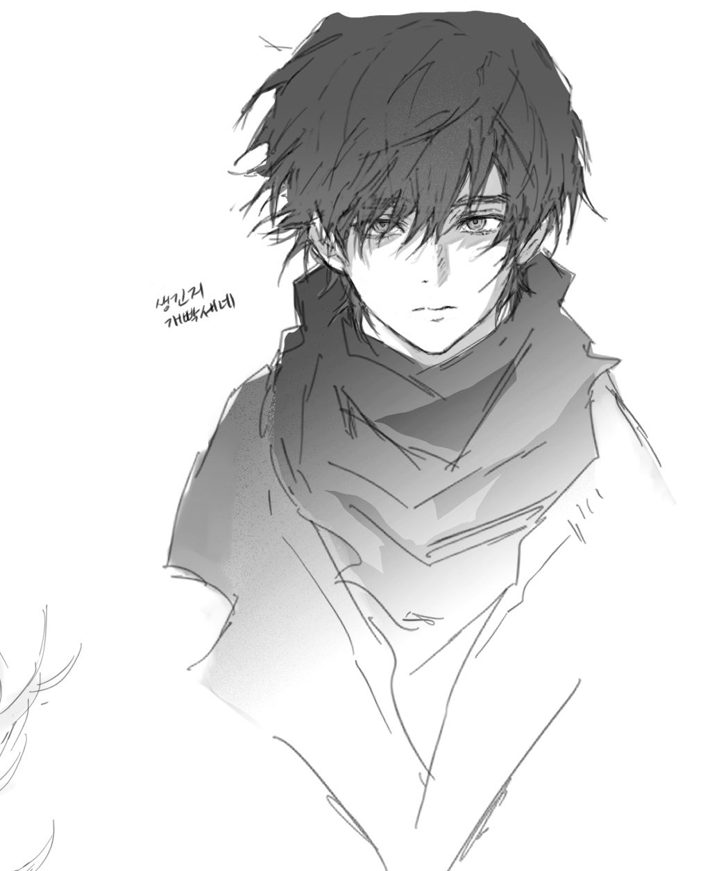1boy, black_hair, closed_mouth, greyscale, hair_between_eyes, highres, lnrglc, medalist_(manga)