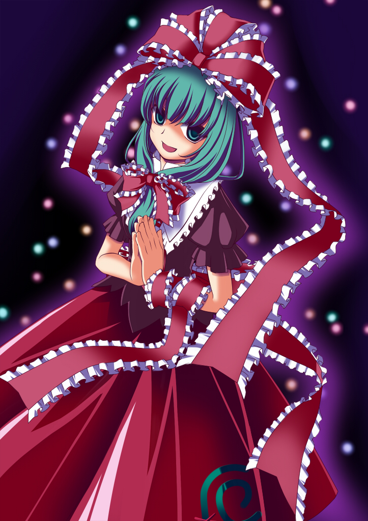 bow, dress, frills, front_ponytail, green_eyes, green_hair, hair_bow, hair_ornament