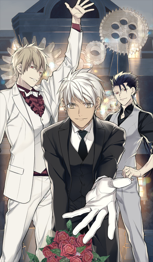 3boys, archer_(fate), archer_(kiss_your_hand)_(fate), arm_up, black_jacket, black_necktie, black_pants, black_shirt