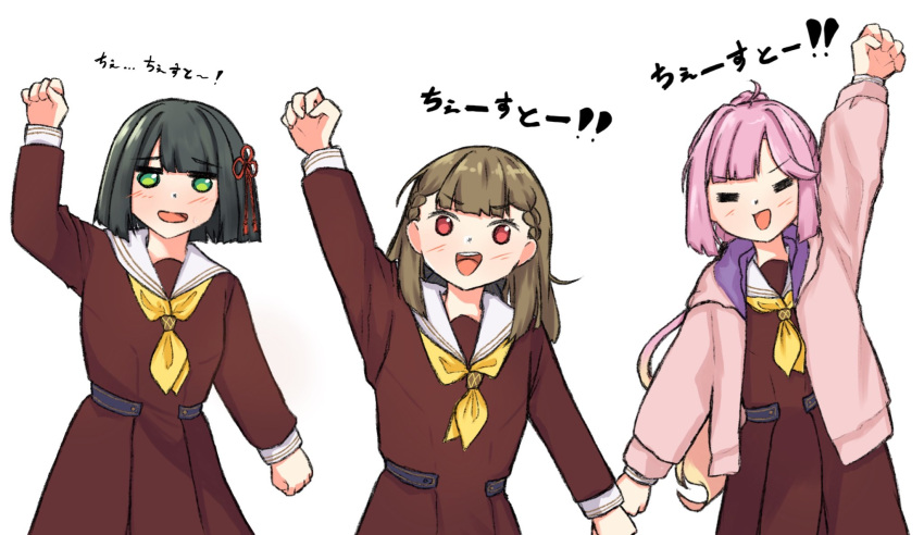 3girls, :d, =_=, ahoge, anyoji_hime, black_bow, black_hair, blonde_hair