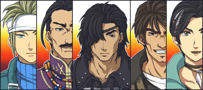 1girl, 4boys, ace_(suikoden), black_hair, blonde_hair, blue_eyes, character_request, closed_mouth