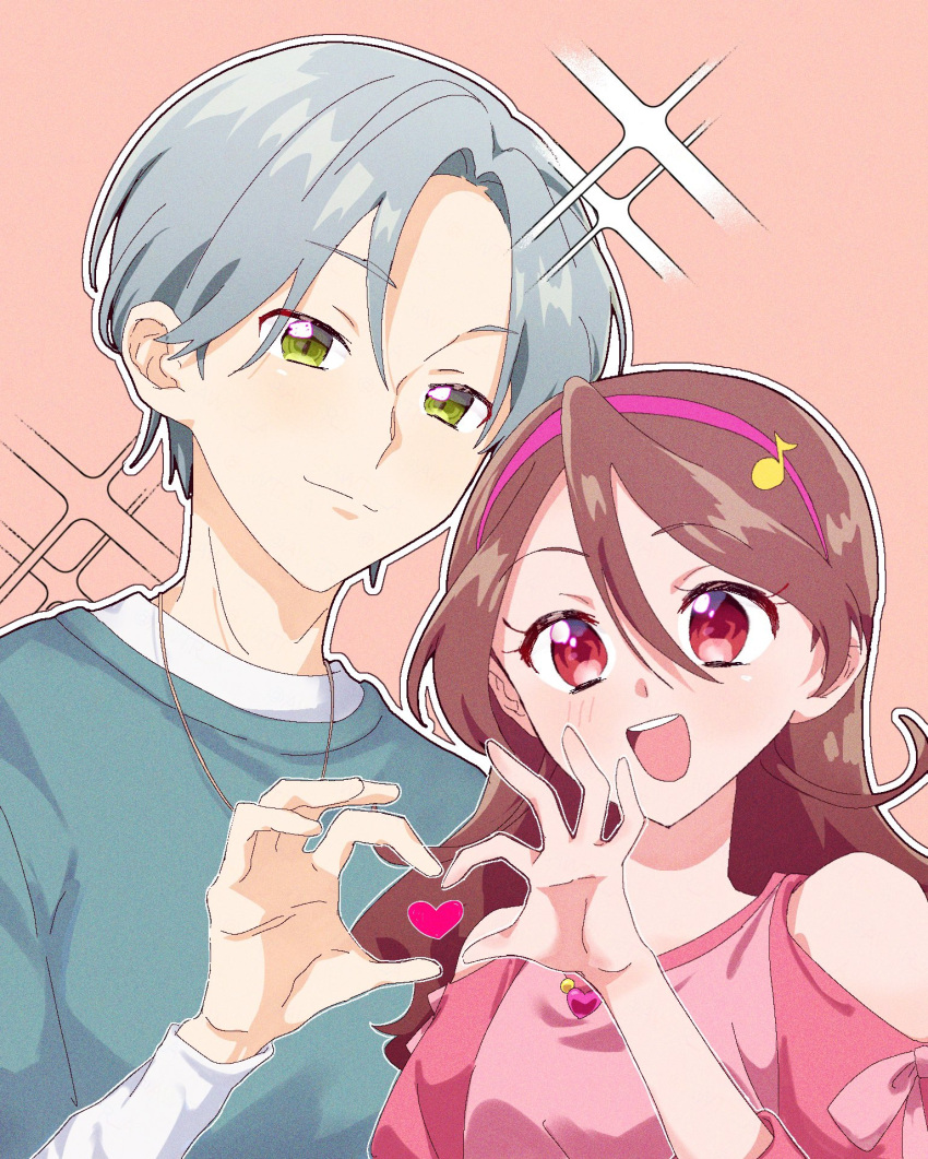 1boy, 1girl, awtr_a, bare_shoulders, brooch, brown_hair, closed_mouth, couple