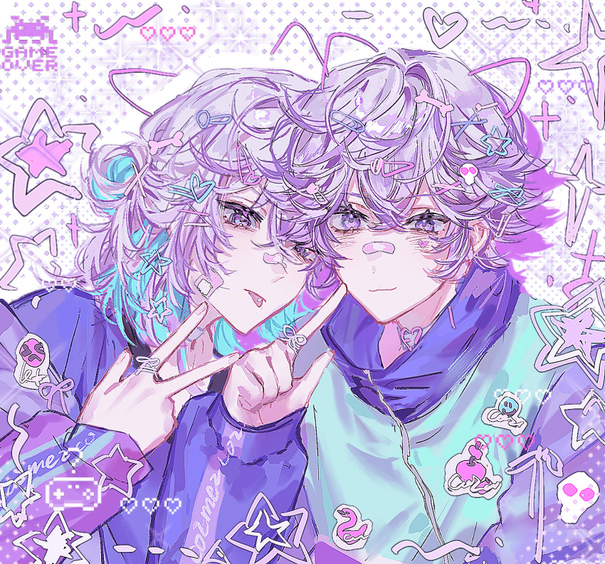 2boys, :3, bandaid, bandaid_on_face, bandaid_on_nose, blue_hair, blue_jacket, bone_hair_ornament