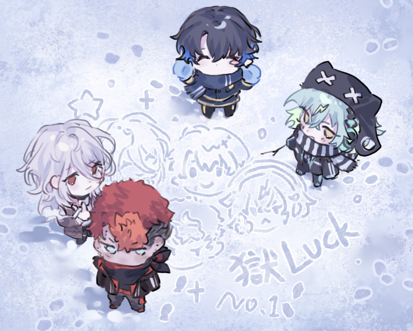 4boys, arms_up, bandana, black_bandana, black_hair, black_hat, black_jacket, black_pants