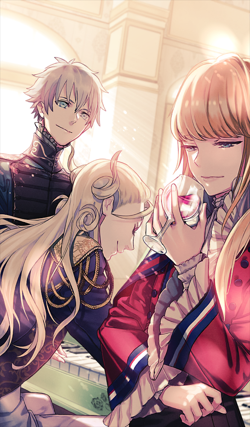 1other, 2boys, alcohol, androgynous, bishounen, black_jacket, blonde_hair, blue_eyes