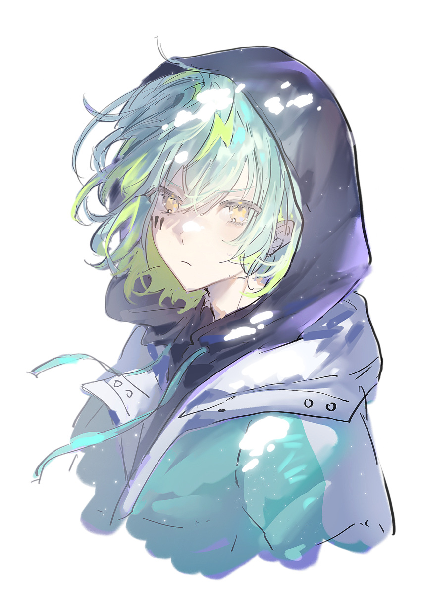 1boy, aqua_hair, aqua_jacket, black_hoodie, chinese_commentary, closed_mouth, commentary_request, cropped_torso