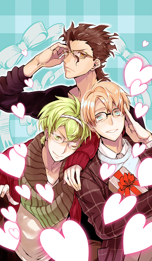 3boys, adjusting_eyewear, aqua_background, bespectacled, black_jacket, blonde_hair, blue_sweater, bow