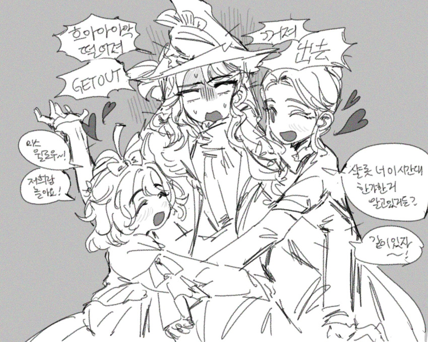 3girls, ;d, ^_^, blank_eyes, bow, caroline_bartley, chinese_text, closed_eyes
