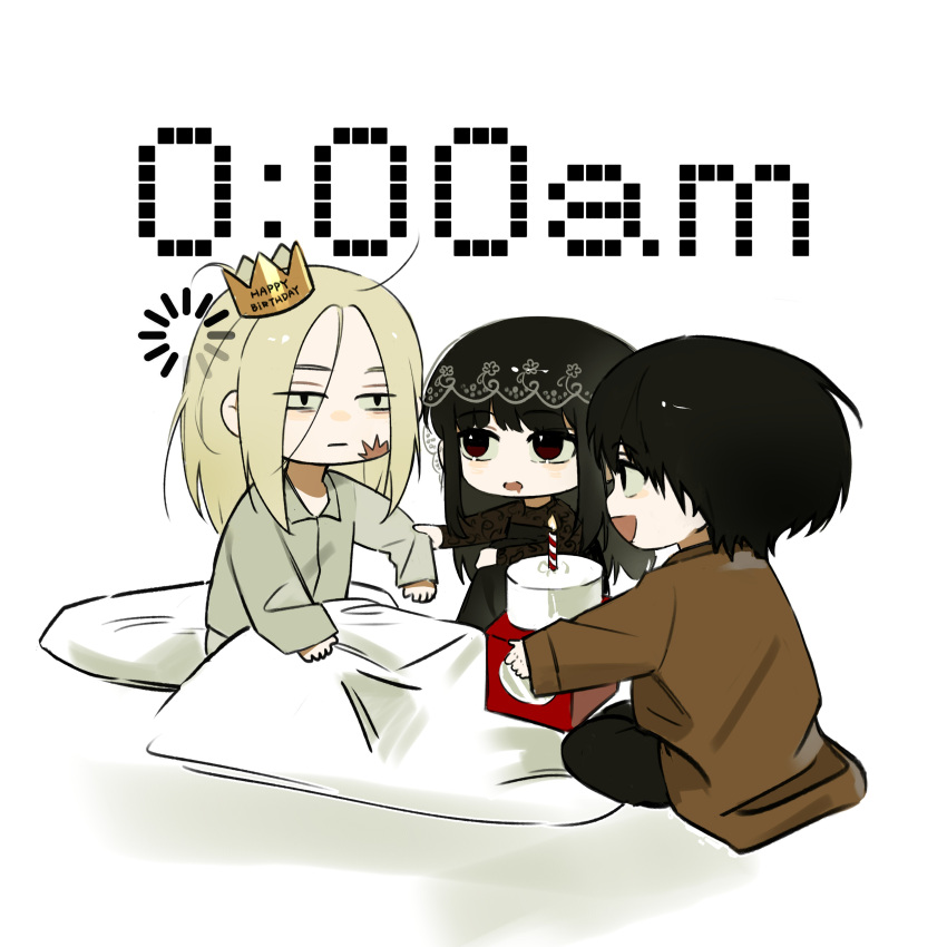 1girl, 2boys, 5a1_uei, absurdres, birthday_cake, black_dress, black_hair, black_pants
