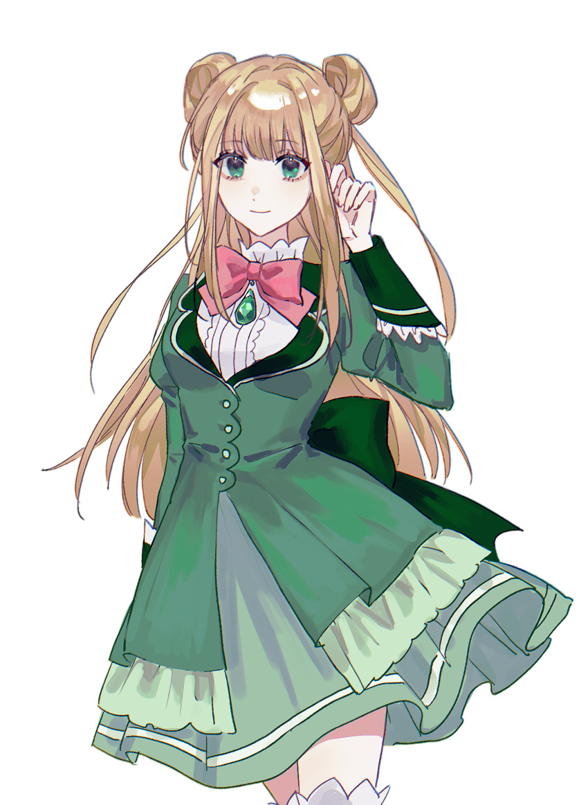 1girl, absurdres, blonde_hair, bow, bowtie, chinese_commentary, closed_mouth, coat, commentary_request, cowboy_shot, double_bun, green_coat, green_eyes, green_skirt, hair_bun, highres, jiu_ba, lan_ruobing, long_sleeves, pink_bow, pink_bowtie, shirt, sidelocks, simple_background, skirt, sleeve_cuffs, smile, solo, thigh-highs, two_side_up, white_background, white_shirt, white_thighhighs, zhandou_wang_zhi_jufeng_zhan_hun