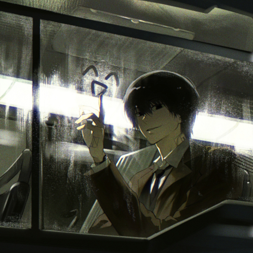 1boy, 5a1_uei, black_eyes, black_hair, black_necktie, brown_jacket, bus_interior, drawing_(action)