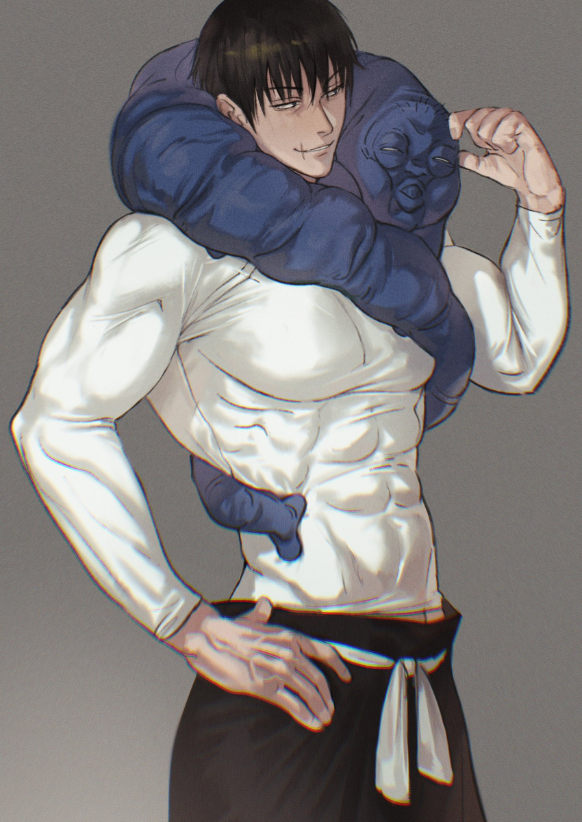 1boy, black_hair, black_pants, covered_abs, cursed_spirit_(jujutsu_kaisen), fushiguro_touji, grey_background, hand_on_own_hip
