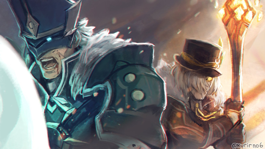 2boys, anemoboxer_vanguard_(genshin_impact), armor, artist_name, bandage_over_one_eye, bandages, black_gloves, black_hat