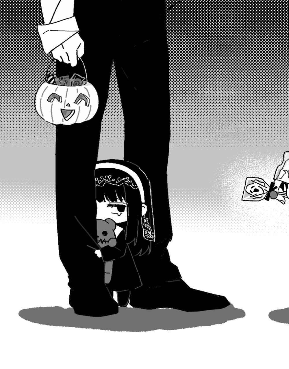 1girl, 1other, 5a1_uei, black_dress, black_hair, black_pants, black_shoes, chibi