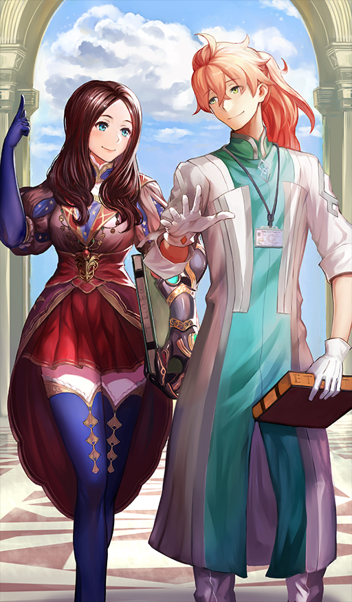 1boy, 1girl, ahoge, blue_eyes, blue_gloves, blue_thighhighs, book, brown_hair