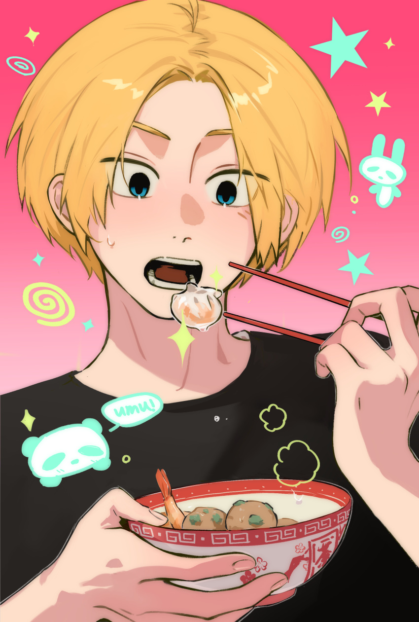 1boy, 5a1_uei, absurdres, black_shirt, blonde_hair, blue_eyes, blush, chopsticks