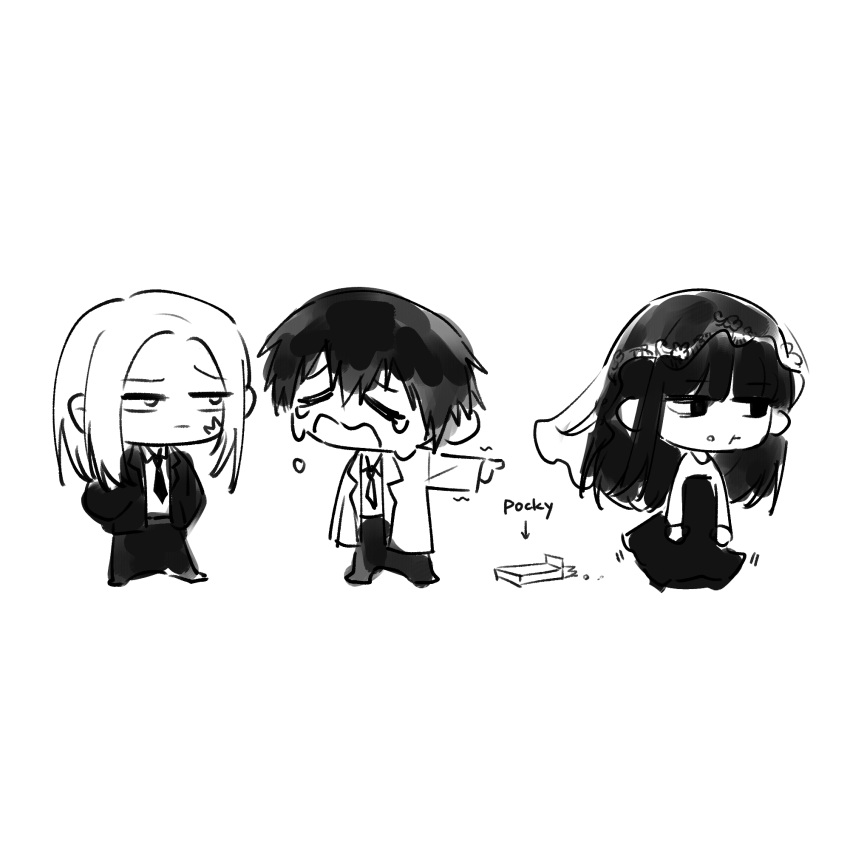 1girl, 2boys, 5a1_uei, black_dress, black_eyes, black_hair, blunt_bangs, chibi