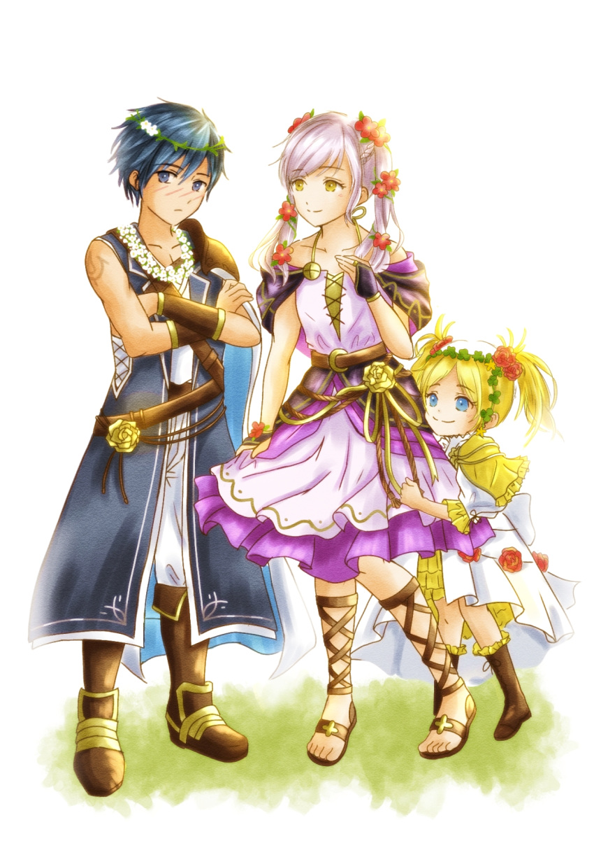 1boy, 2girls, aged_down, bare_shoulders, blonde_hair, blue_eyes, blue_hair, boots