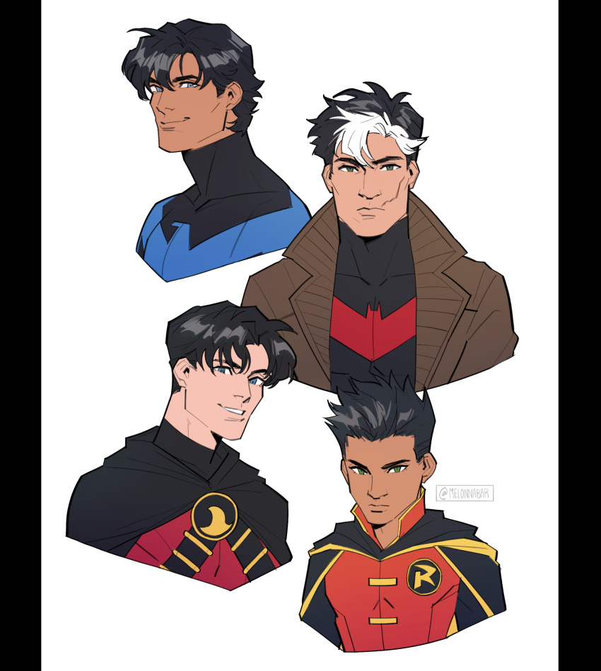 bat_signal, batman_(series), batman_symbol, black_bodysuit, black_hair, blue_eyes, bodysuit, brothers