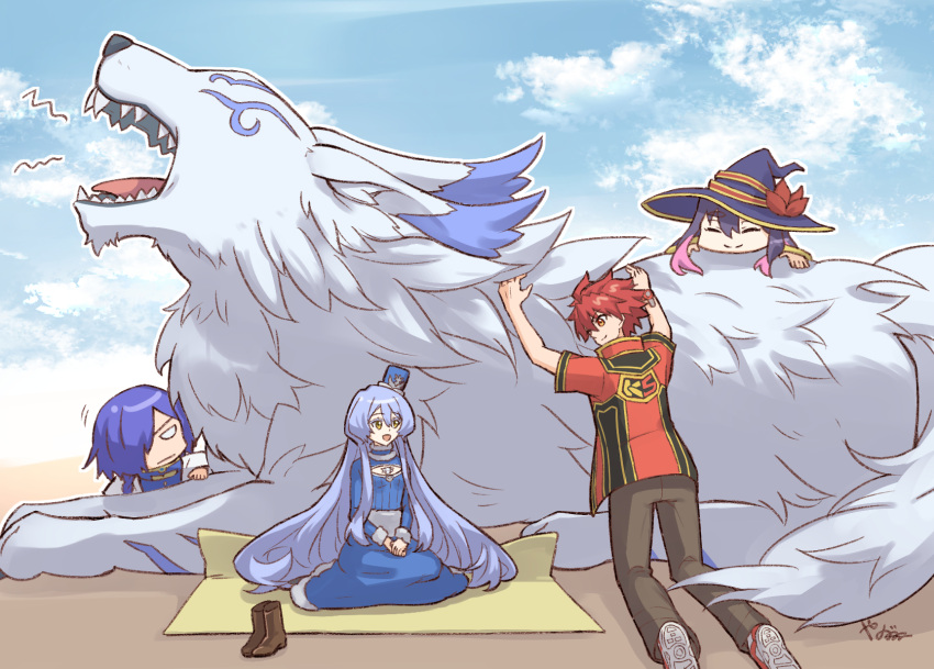 2boys, 2girls, asagaki_toogo, black_hair, black_hat, blue_dress, blue_hair, body_fur