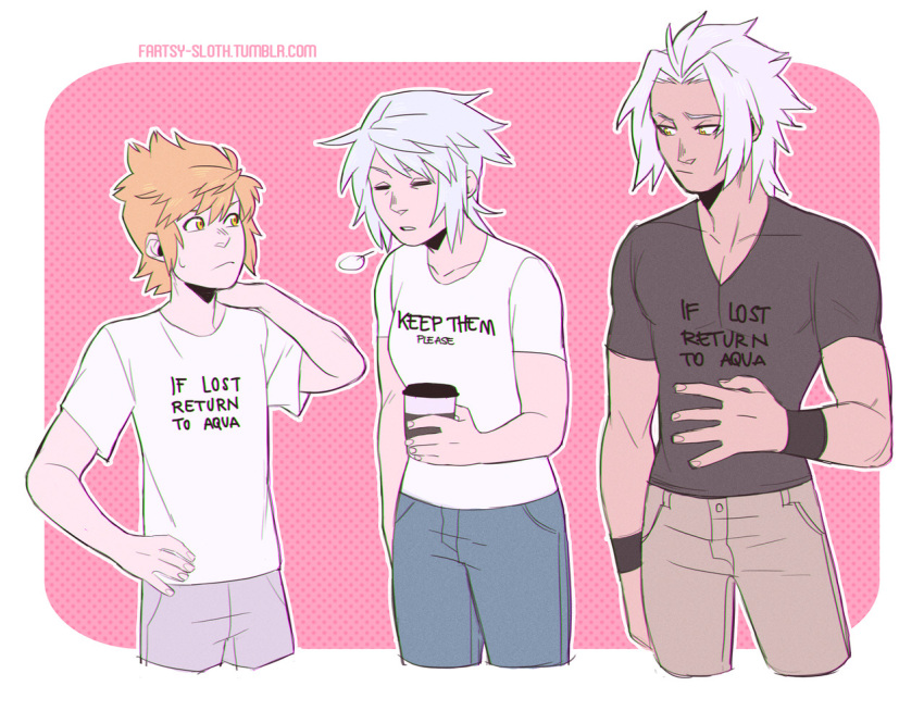 1girl, 2boys, alternate_costume, aqua_(kingdom_hearts), arcaniice, arm_up, black_shirt, blonde_hair
